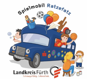 Das Logo vom Spielmobil ratzefatz ein blauer Bus aus dem Kinder mit Luftballons schauen und Seifenblasen machen