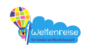 Das Logo zeigt einen bunten Heissluftballon in dem zwei kinder sitzen und in weisser Wolkenschrift steht Weltenreise für Kinder im Westfalenpark